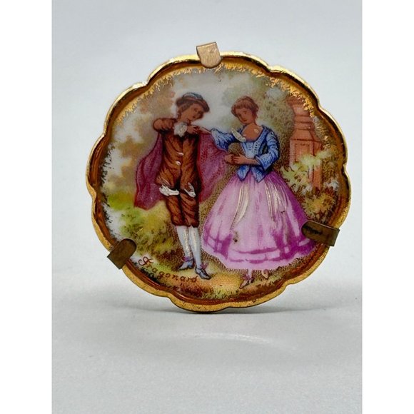 Vintage Decorative Limoges Miniature Plate Dish with Stand Holder Romantic Scene - Picture 2 of 6